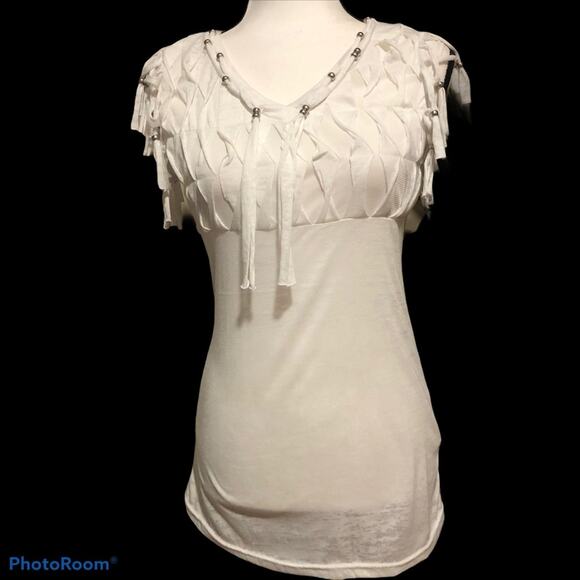 Fringe and Beads Blouse Top Tee Shirt T-Shirt Mür Mür White V-Neck Size S - Picture 1 of 12